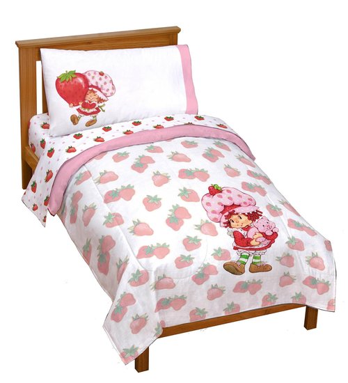 Jay Franco Strawberry Shortcake Toddler Comforter Set - 4 Piece Bedding Includes Sheet Set & Pillow Cover - Super Soft Pink & White Kids Bedding