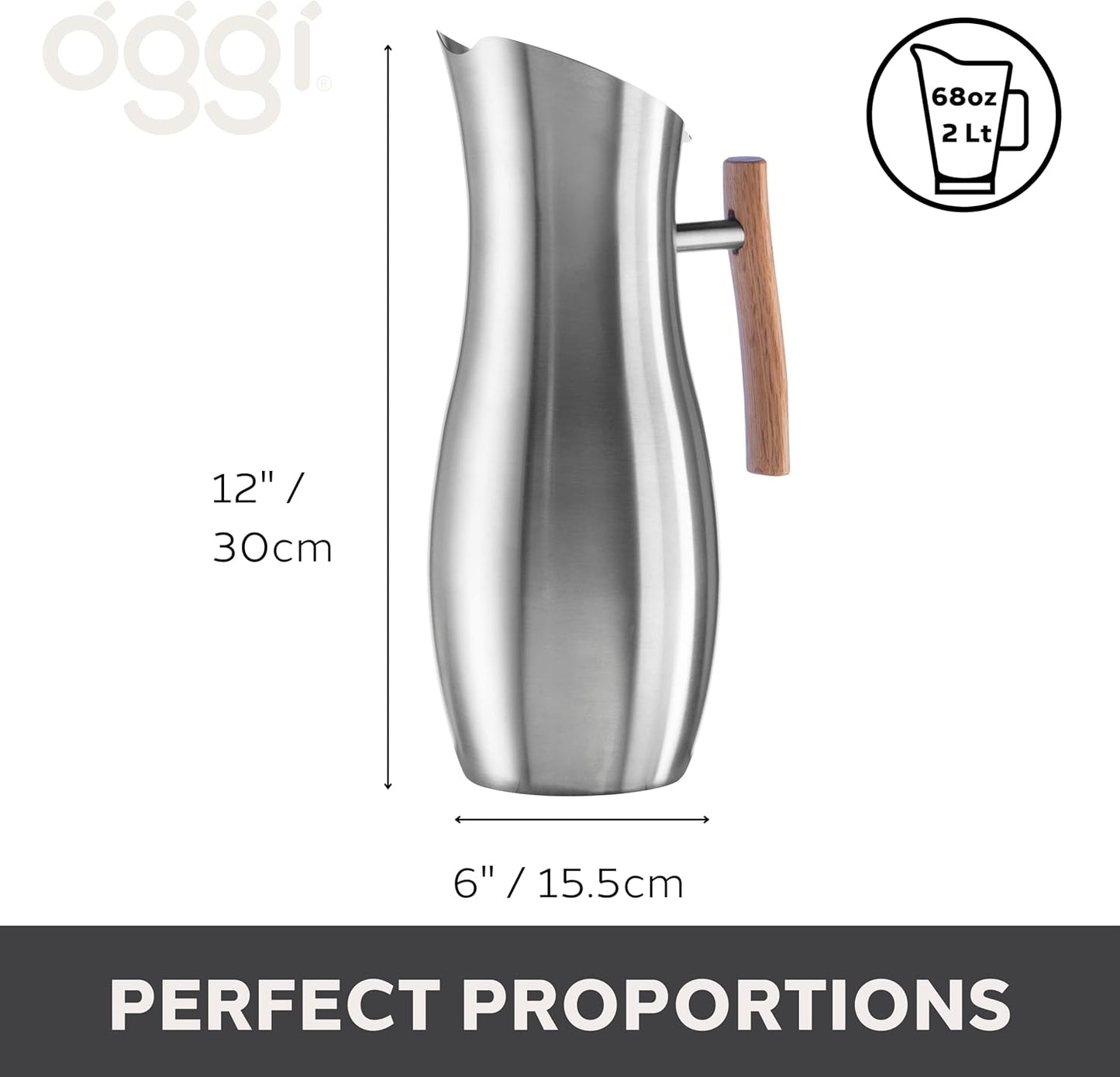 OGGI Slimline Stainless Steel Pitcher- Stainless Steel Water w/Ice Guard, Water Carafe, Great Metal Container for Entertaining, Ideal 68oz / 2 Lt Drink Pitcher