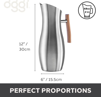 OGGI Slimline Stainless Steel Pitcher- Stainless Steel Water w/Ice Guard, Water Carafe, Great Metal Container for Entertaining, Ideal 68oz / 2 Lt Drink Pitcher