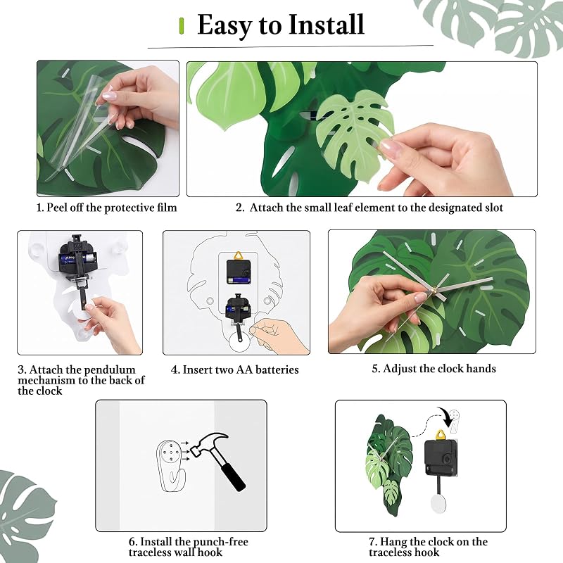 Leaf Wall Clock 15 Inch - Botanical Silent Pendulum, Non-Ticking, Green Variation