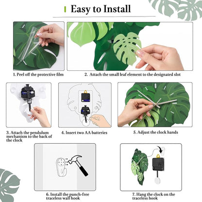 Leaf Wall Clock 15 Inch - Botanical Silent Pendulum, Non-Ticking, Green Variation