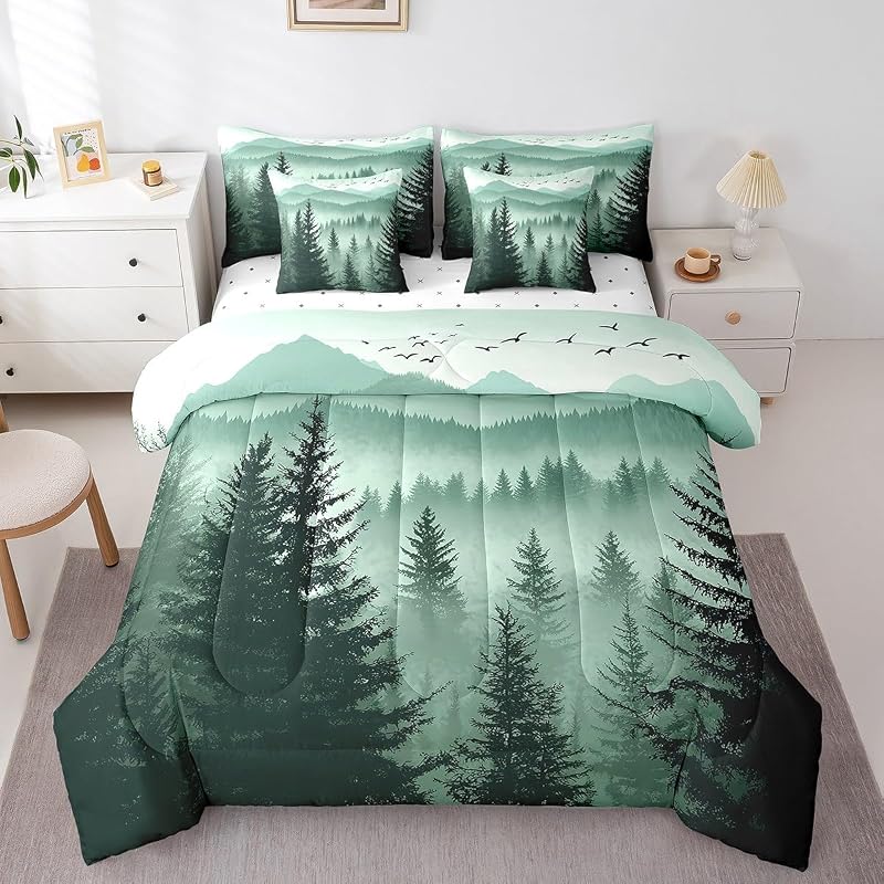 Olive Green 7-Piece Full Comforter Set with Sheets - Mountain Pattern (Variation: Dark Green+Full)