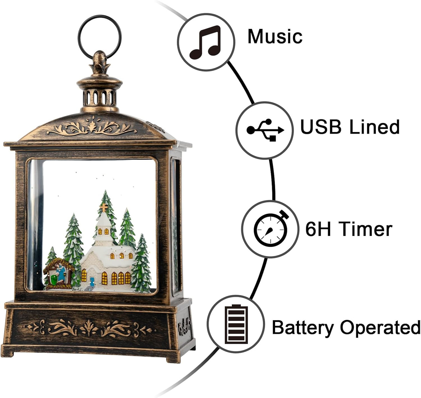 Skiennix 12.5'' Musical Snow Globe Lantern - Lighted Church with Nativity Scene | Battery or USB Powered Christmas Decor