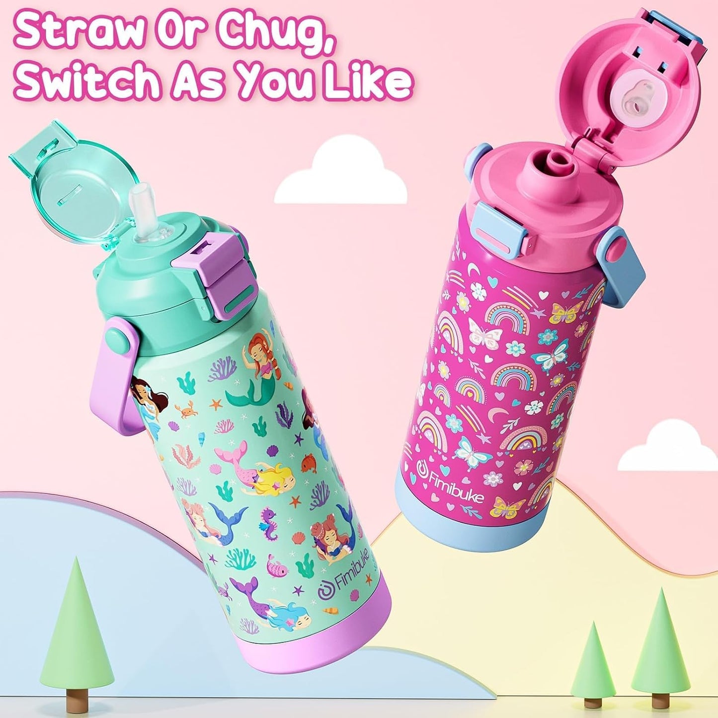 Skiennix Kids Insulated Water Bottle - 18oz Leak-Proof Stainless Steel Tumbler with 2-in-1 Lid | Dinosaur & Monster Design