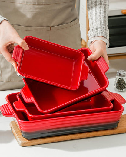 Skiennix Casserole Dishes - Heat-Resistant Ceramic Bakeware Set of 4 | Ideal for Lasagna, Cake & More (Red, 9.4"-14.7")