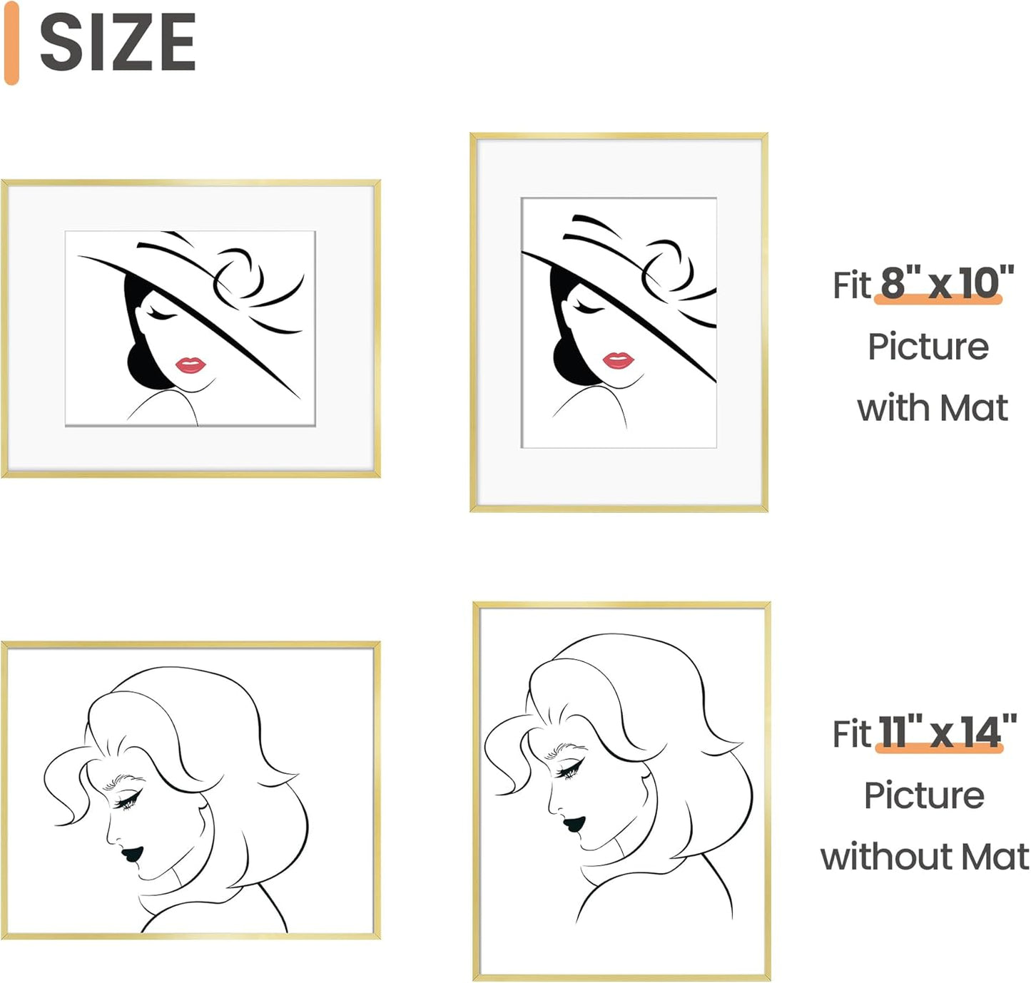 Upsimples Aluminum Picture Frame - Gold 11x14 for 8x10 Photos with Mat | Wall Hanging Design