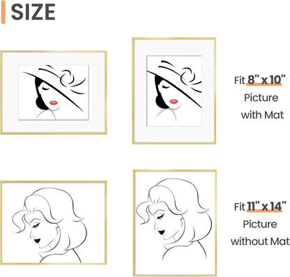 Upsimples Aluminum Picture Frame - Gold 11x14 for 8x10 Photos with Mat | Wall Hanging Design