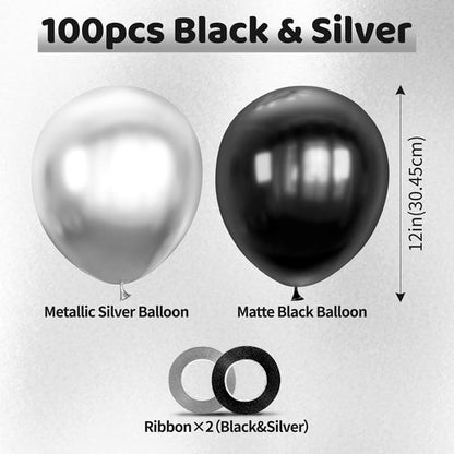 100pcs Metallic Black & Silver Balloons - 12 Inch Latex Party Decorations for Birthdays & Events