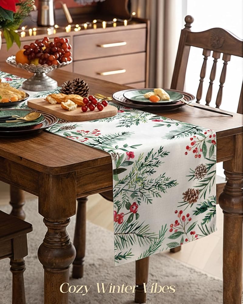 Miss Adola Holly Pine 13x48 Inch Christmas Table Runner - Watercolor Berries