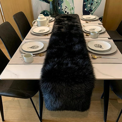 Black Faux Fur Table Runner 12x36 Inch - Fluffy Halloween Winter Decor - Variation: Black+12x36 Inch