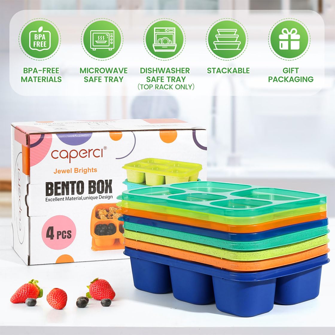 Caperci 4 Pack Bento Snack Box Containers for Adults & Kids - Reusable Adult Lunchable Containers with 5 Compartments for School, Work, and Travel, Wheat Straw, BPA-Free (Jewel Brights)