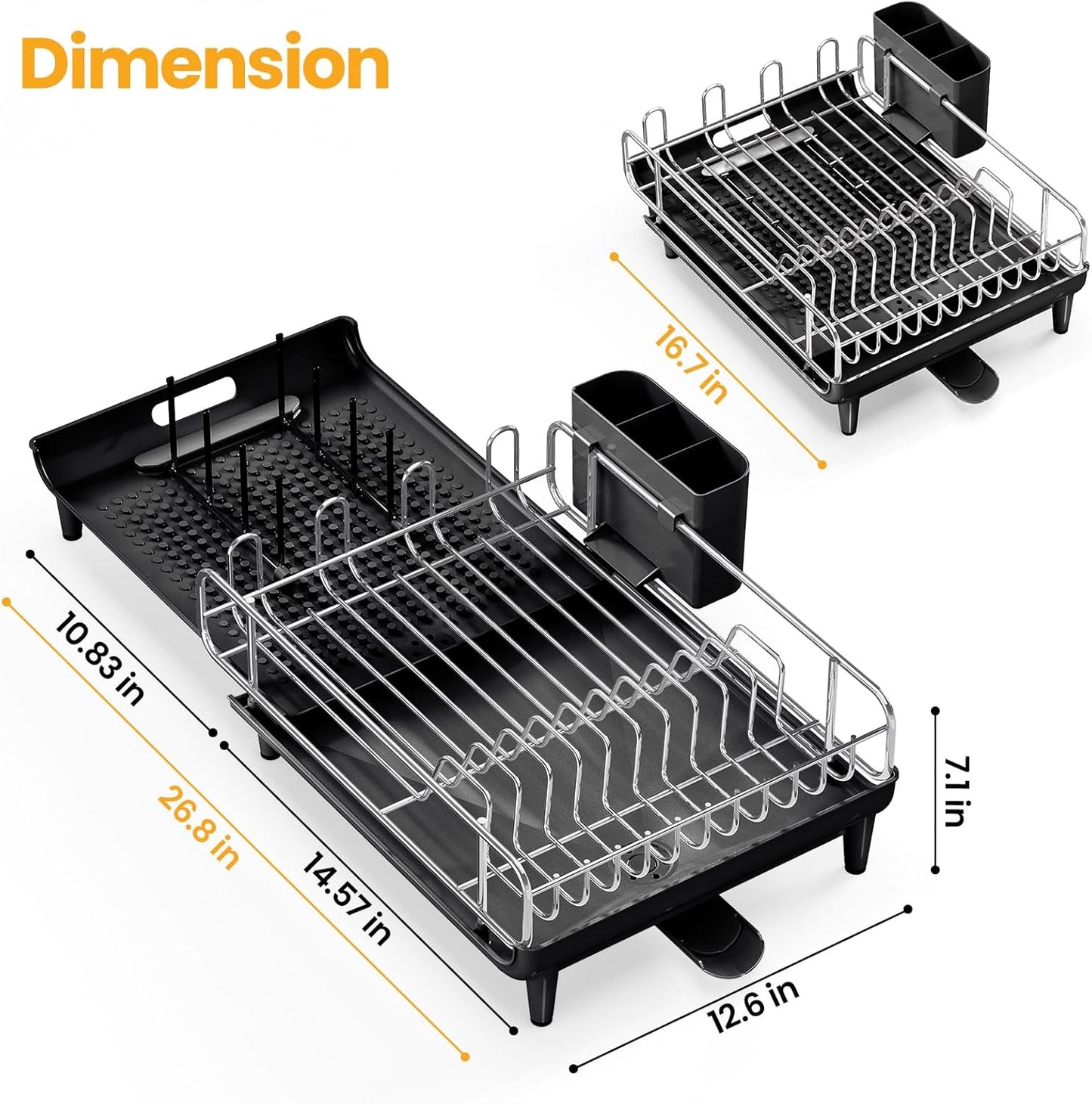 TOOLF Expandable Dish Rack - Stainless Steel Dish Drying Rack with Cutlery Holder | Large & Foldable, Black