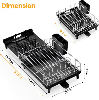 TOOLF Expandable Dish Rack - Stainless Steel Dish Drying Rack with Cutlery Holder | Large & Foldable, Black