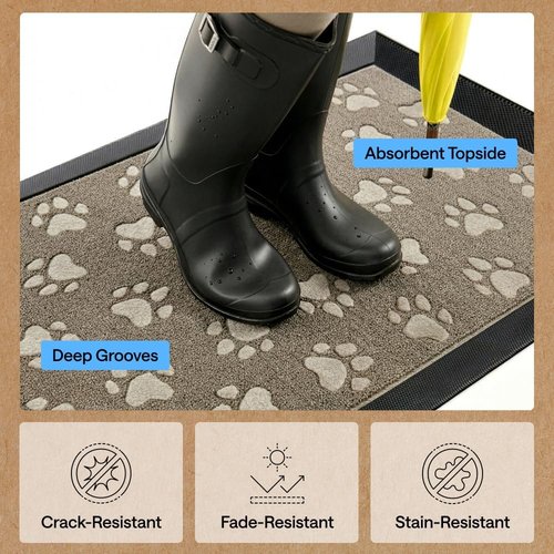 GORILLA GRIP Waterproof All-Season WeatherMAX Doormat - Natural Rubber, Stain & Fade Resistant, 29x17, Tan Pawprints