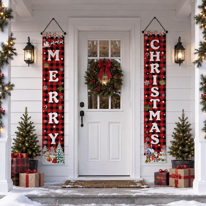 Merry Christmas Porch Banner - Red Buffalo Plaid with Snowman & Santa, Outdoor Door Decor