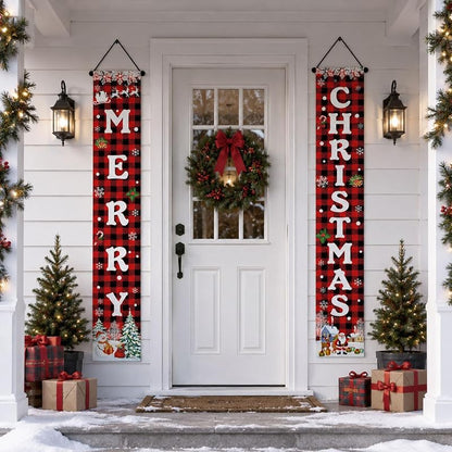 Merry Christmas Porch Banner - Red Buffalo Plaid with Snowman & Santa, Outdoor Door Decor