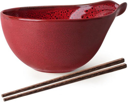 Artena Ramen Bowl - 42oz Ceramic Noodle Bowl Set with Chopsticks | Large Deep Soup & Pasta Bowl in Red