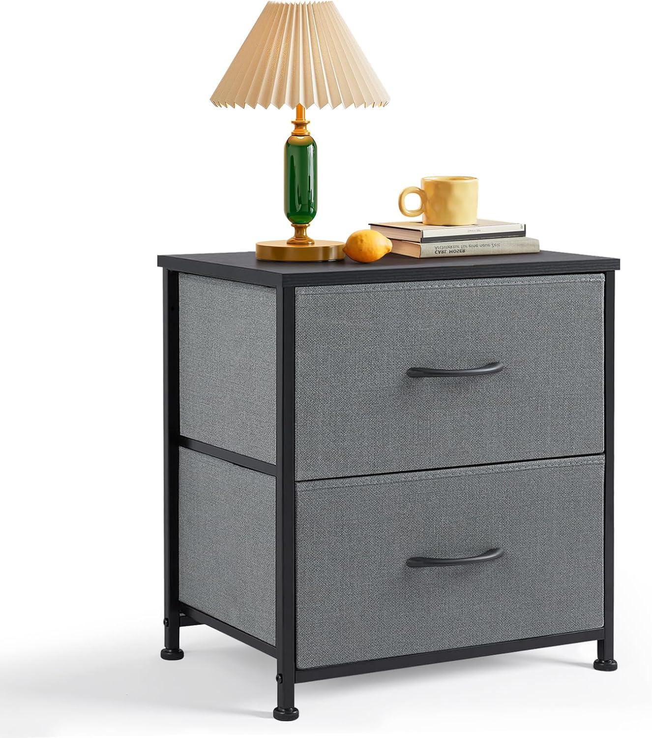 Regine Switzerland Nightstand - Small 2-Drawer Dresser with Wooden Top & Fabric Bins | Gray, 11.8” D x 18” W x 20” H