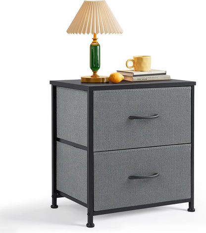 Regine Switzerland Nightstand - Small 2-Drawer Dresser with Wooden Top & Fabric Bins | Gray, 11.8” D x 18” W x 20” H