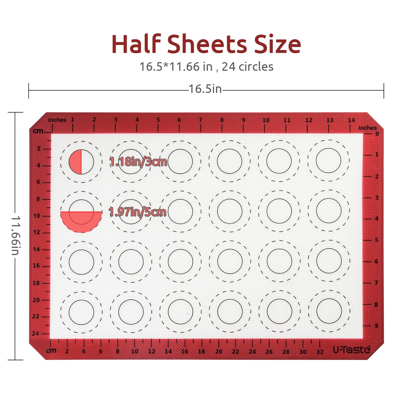 U-Taste 446ºF Heat Resistant Macaron Silicone Baking Mat, Non Stick Reusable Cookies Pastry Sheet Liner with Edge Enhancement Circle Measurement for Oven (Half Sheets Size, Pack of 2, Red)