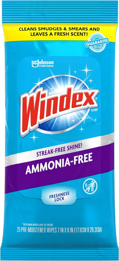 Windex Glass Cleaning Wipes - Ammonia-Free, Pre-Moistened for Streak-Free Shine | 25 Count, Crystal Rain Scent