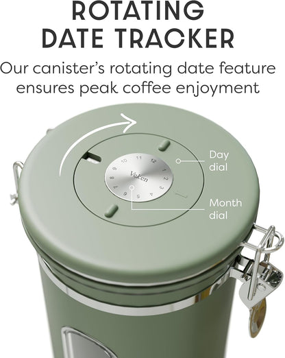 Veken Coffee Canister - Airtight Stainless Steel Container with Window | 22oz Green for Grounds, Beans, Tea, and More