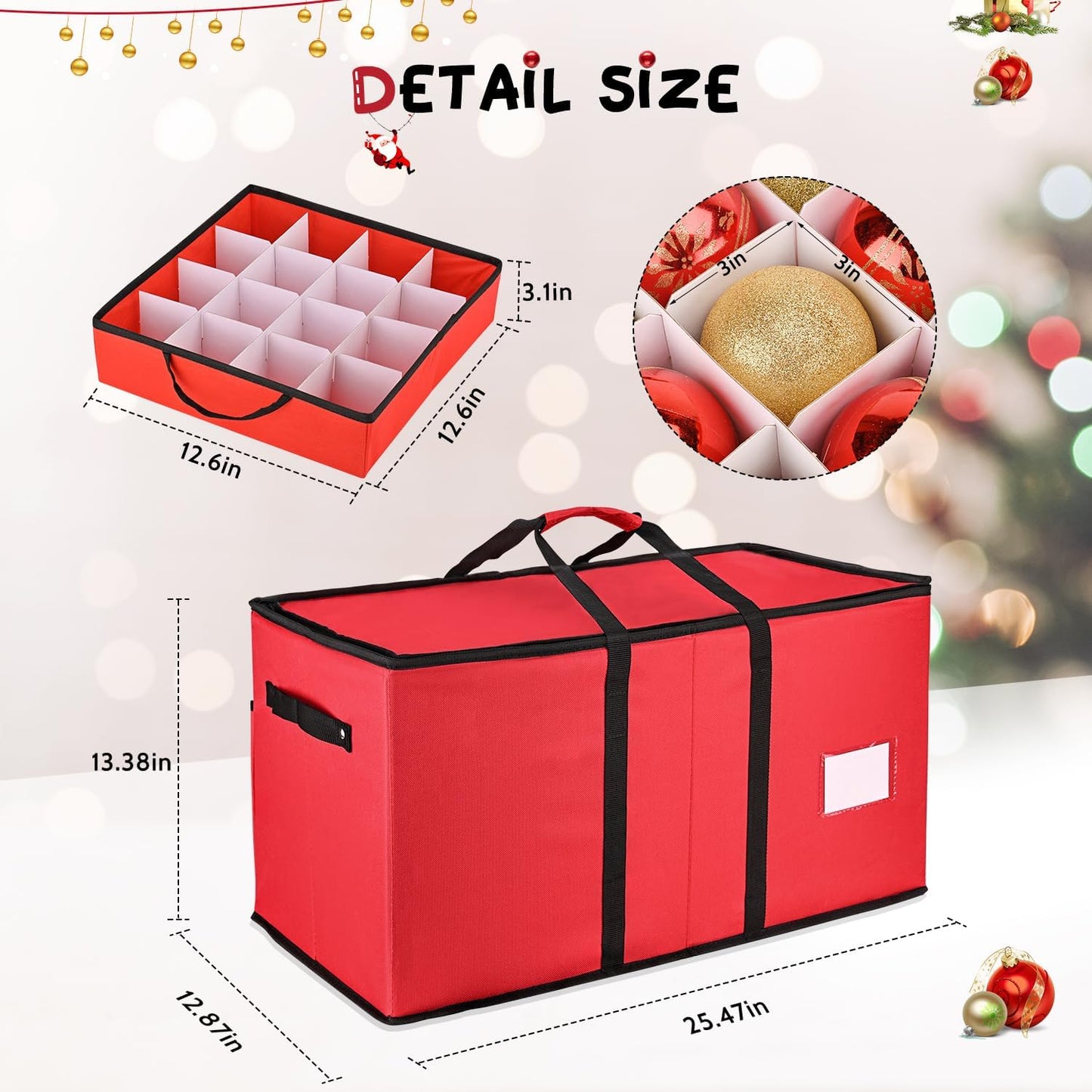 Mrrihand Ornament Storage Box - Dual Zipper Holiday Decoration Organizer for 128 3-Inch Ornaments (Red)