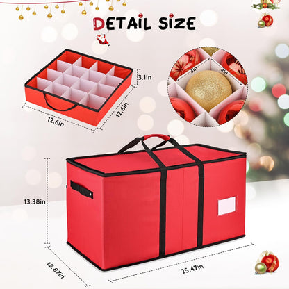Mrrihand Ornament Storage Box - Dual Zipper Holiday Decoration Organizer for 128 3-Inch Ornaments (Red)