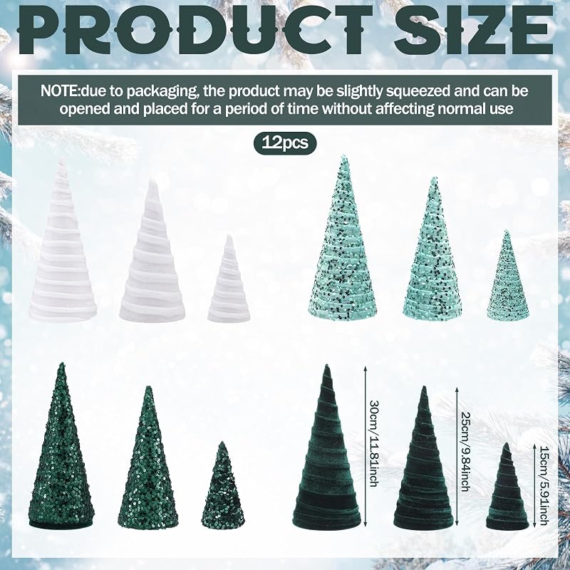 12 Pcs Velvet Cone Christmas Ornaments Set - Green, Light Green, White (Variation: Green, Light Green, White)