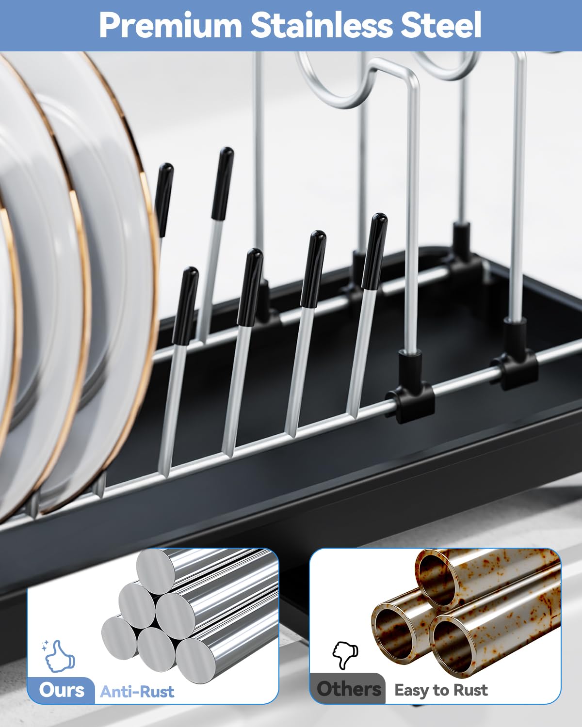 LIONONLY Small Dish Drying Rack, Compact Dish Rack for Kitchen Counter, Stainless Steel Dish Drainer, Space Saving Plate Rack, Dish Strainer with Cutlery Holder