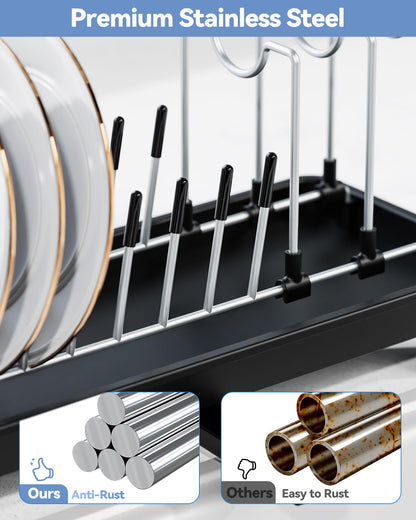 LIONONLY Small Dish Drying Rack, Compact Dish Rack for Kitchen Counter, Stainless Steel Dish Drainer, Space Saving Plate Rack, Dish Strainer with Cutlery Holder