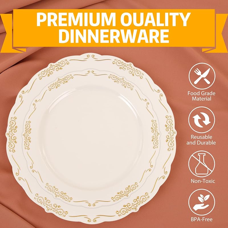 Ivory Plates with Gold Rim - 100 PCS Disposable Dinner & Dessert Plates - BPA Free - Ivory Gold (Variation: Ivory Gold)