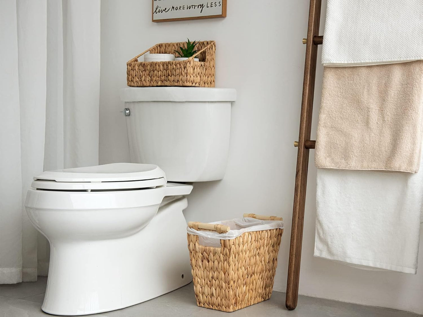 StorageWorks Wicker Waste Basket - Stylish Bathroom Trash Can with Wooden Handles | 12 Liters