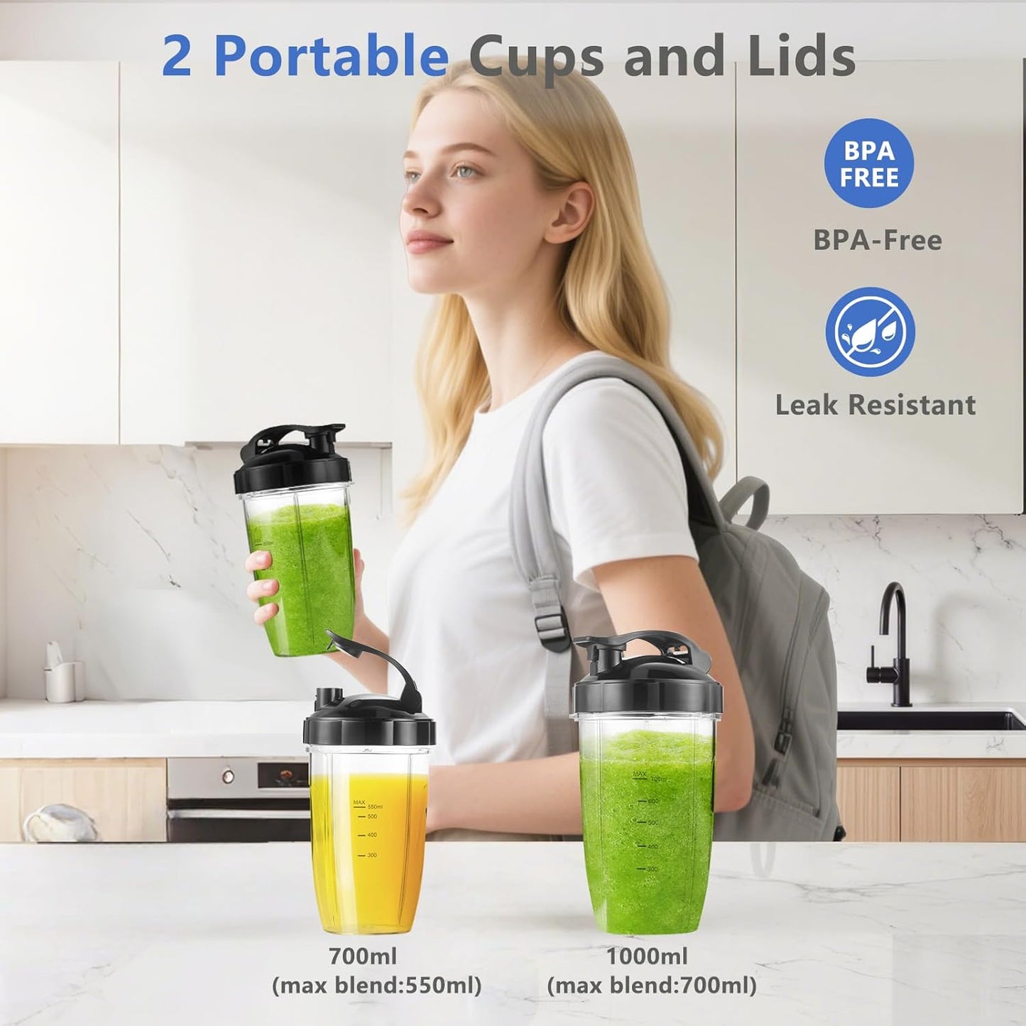 SAKAMOSH 1200W Personal Blender - 12-Piece Portable Combo with 6-Fin Blades & 2 To-Go Cups for Smoothies, Juices & More