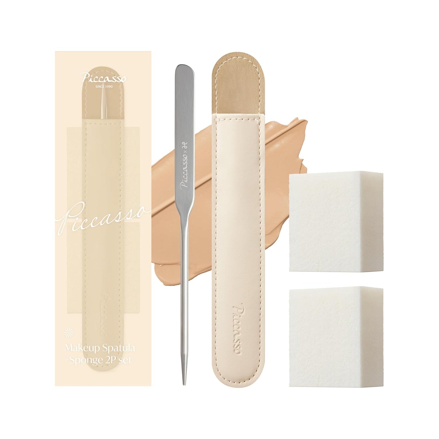 Piccasso Brush Makeup Spatula & Sponge Set - Professional Tools for Flawless Foundation Blending, 2 Soft Sponges Included