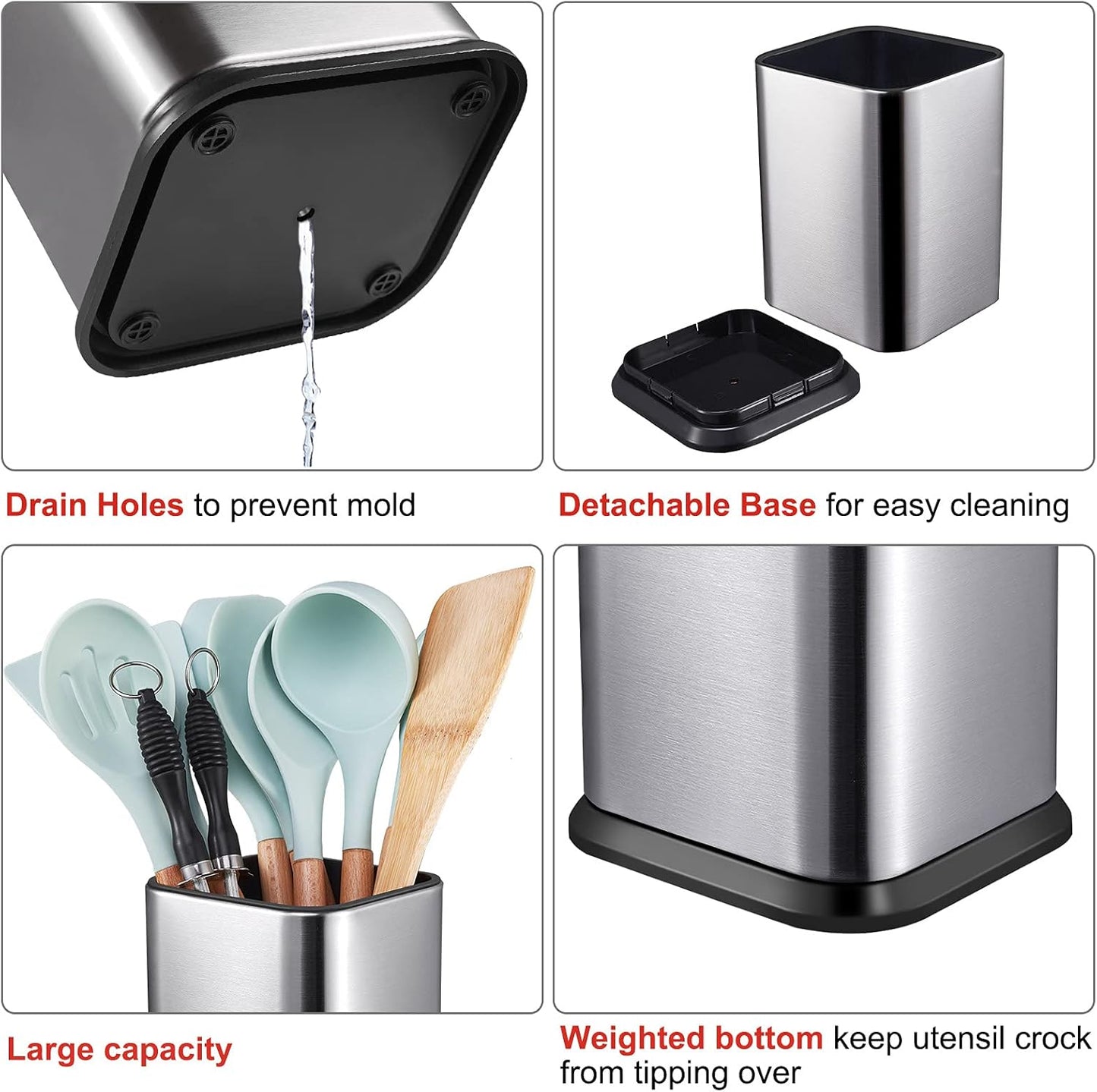 RedCall Stainless Steel Kitchen Utensil Holder - Modern Rectangular Organizer for Countertop | Large Silver Caddy