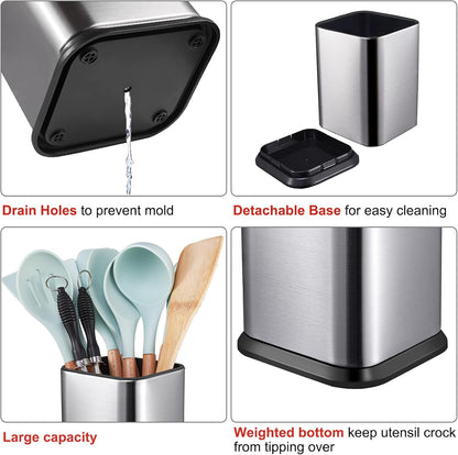 RedCall Stainless Steel Kitchen Utensil Holder - Modern Rectangular Organizer for Countertop | Large Silver Caddy