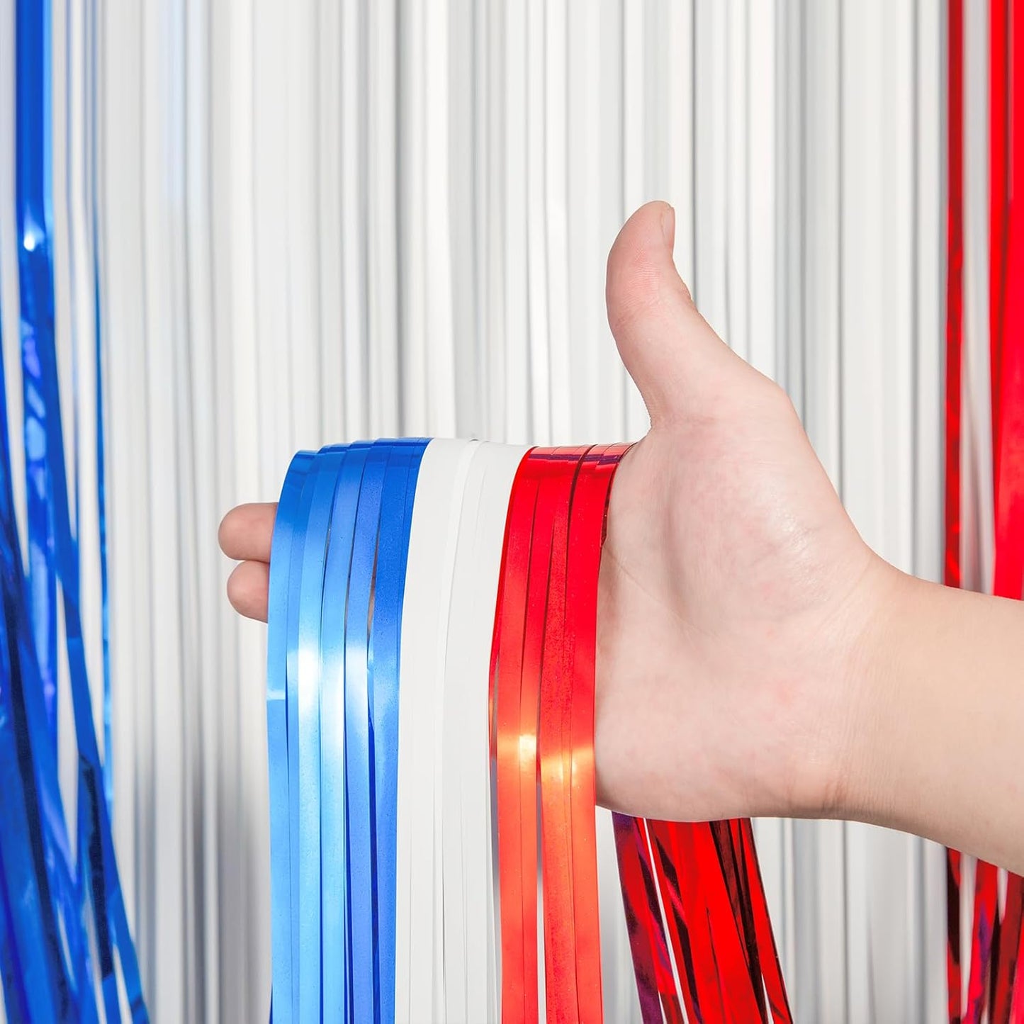 Voircoloria Red, White & Blue Foil Fringe Backdrop Curtains - 3 Pack Tinsel Streamers for Patriotic Celebrations | 3.3 x 8.2 ft