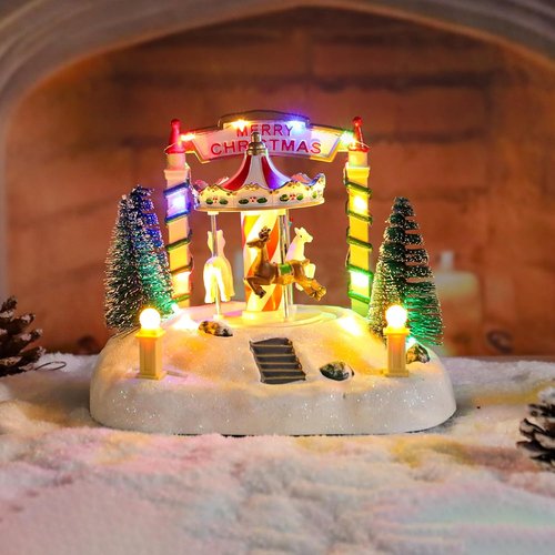 Bdor Christmas Carousel Decoration - Lighted Musical Merry-Go-Round with Reindeer & Trees - 7.5"x5.5"x6" Holiday Centerpiece