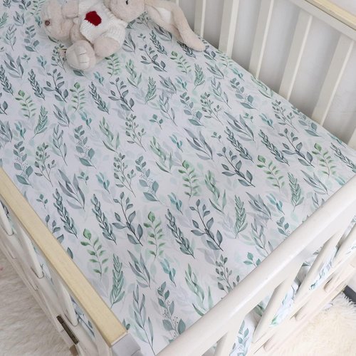 DILIMI Fitted Crib Sheet - Ultra-Soft Green Leaf Design for Standard Crib & Toddler Mattress