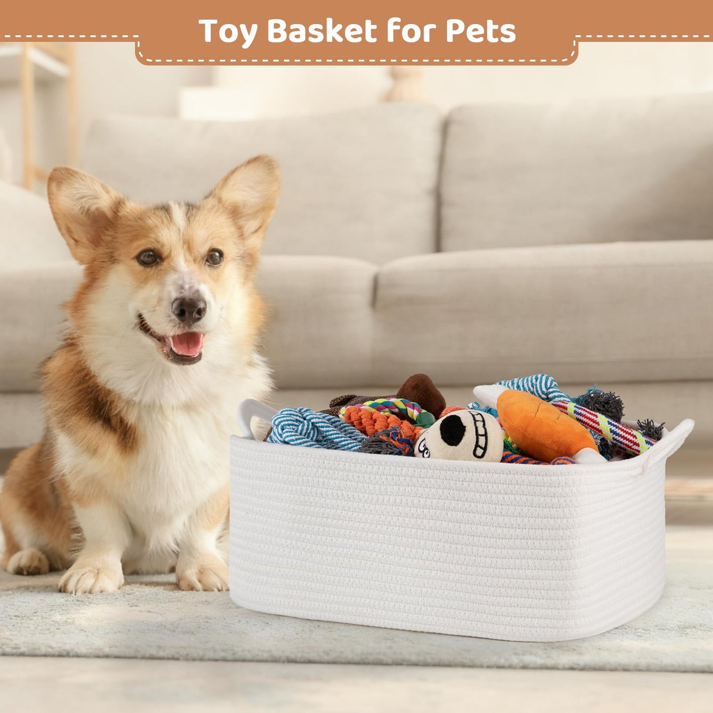 OIASKET Large Empty Gift Baskets for Baby Shower, 16.5" L x 12.6" W x 7" H Cute Woven Storage Basket with Gift Bags and Ribbons, Small Rope Toy Basket with Handles, Cat Dog Pet Toy Organizer - White