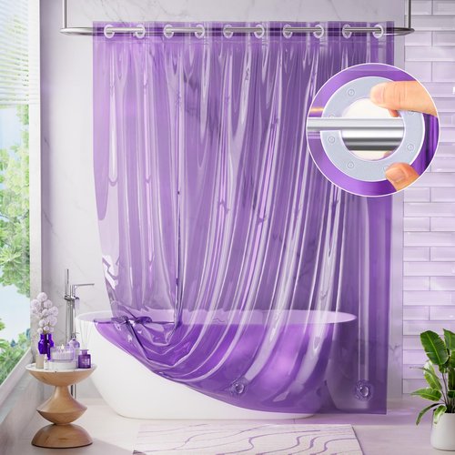 AmazerBath No Hook Shower Curtain and Liner 3-in-1, 8G Luxury Heavy Duty Clear Purple No Hook Shower Curtain Liner, 72x75 Cute EVA Bathroom Weighted Plastic Shower Curtain with 3 Heavyweight Stones