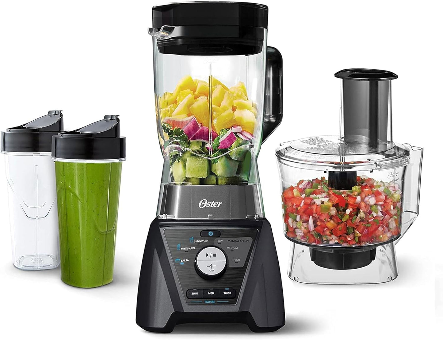 Oster Blender & Food Processor Combo - 3 Settings for Smoothies & Chopping | Includes 2 Cups & Lids, Carbon Grey