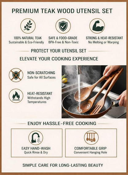 Skiennix 8-Piece Natural Teak Wood Utensil Set - Eco-Friendly Nonstick Cooking Spoons & Spatulas