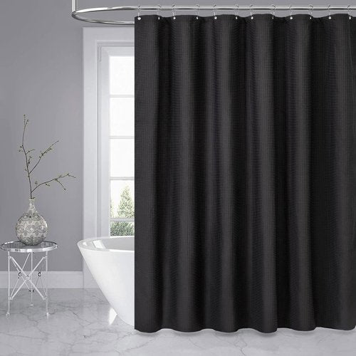 Dynamene Long Black Fabric Shower Curtain - Waffle Textured Tall Heavy Duty Cloth Shower Curtains for Bathroom, 256GSM Large Hotel Spa Luxury Bath Curtain Set with 12 Plastic Hooks(72Wx80H, Black)