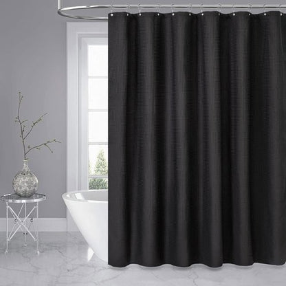 Dynamene Long Black Fabric Shower Curtain - Waffle Textured Tall Heavy Duty Cloth Shower Curtains for Bathroom, 256GSM Large Hotel Spa Luxury Bath Curtain Set with 12 Plastic Hooks(72Wx80H, Black)