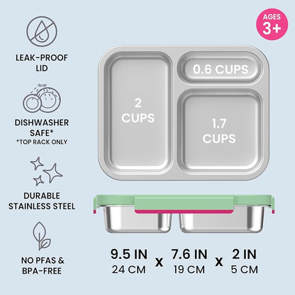 Bentgo Stainless Steel Lunch Box with 3 Compartments, 4.3 Cup Capacity, Leak-Proof Lid - Strawberry