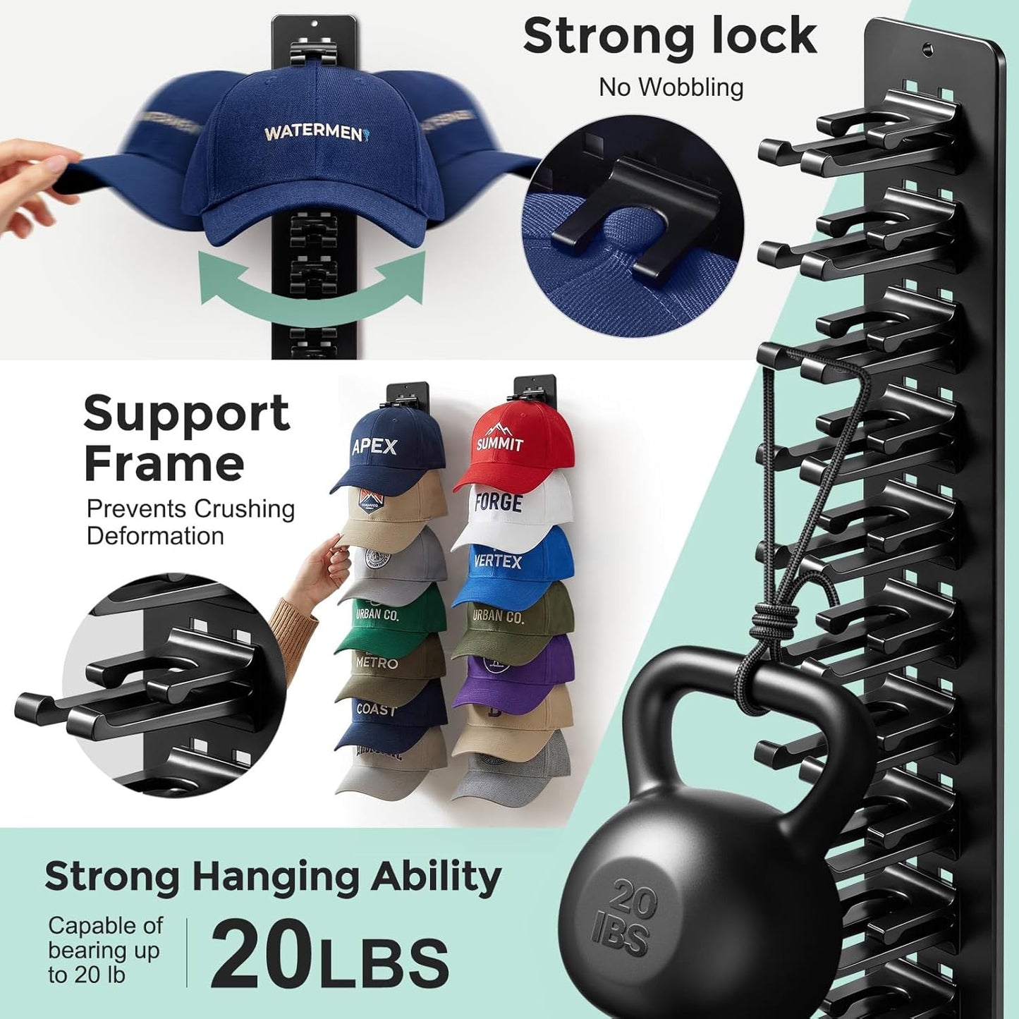 Skiennix Hat Organizer - 2 Pack Detachable DIY Rack for Up to 22 Baseball Caps - Black