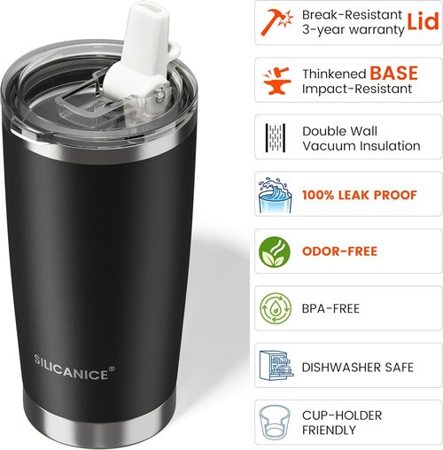 20oz Hygienic Insulated Tumbler - 100% Leakproof Lid with Removable Spout & Straw | Perfect for Iced Coffee & Smoothies - Black