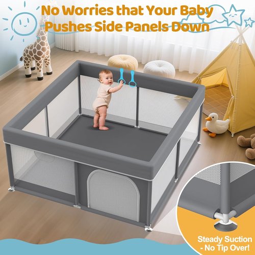 Grey Baby Playpen | 64"x64" Full Cover Anti-Collision Cloth Playard - Modern Infant Activity Center